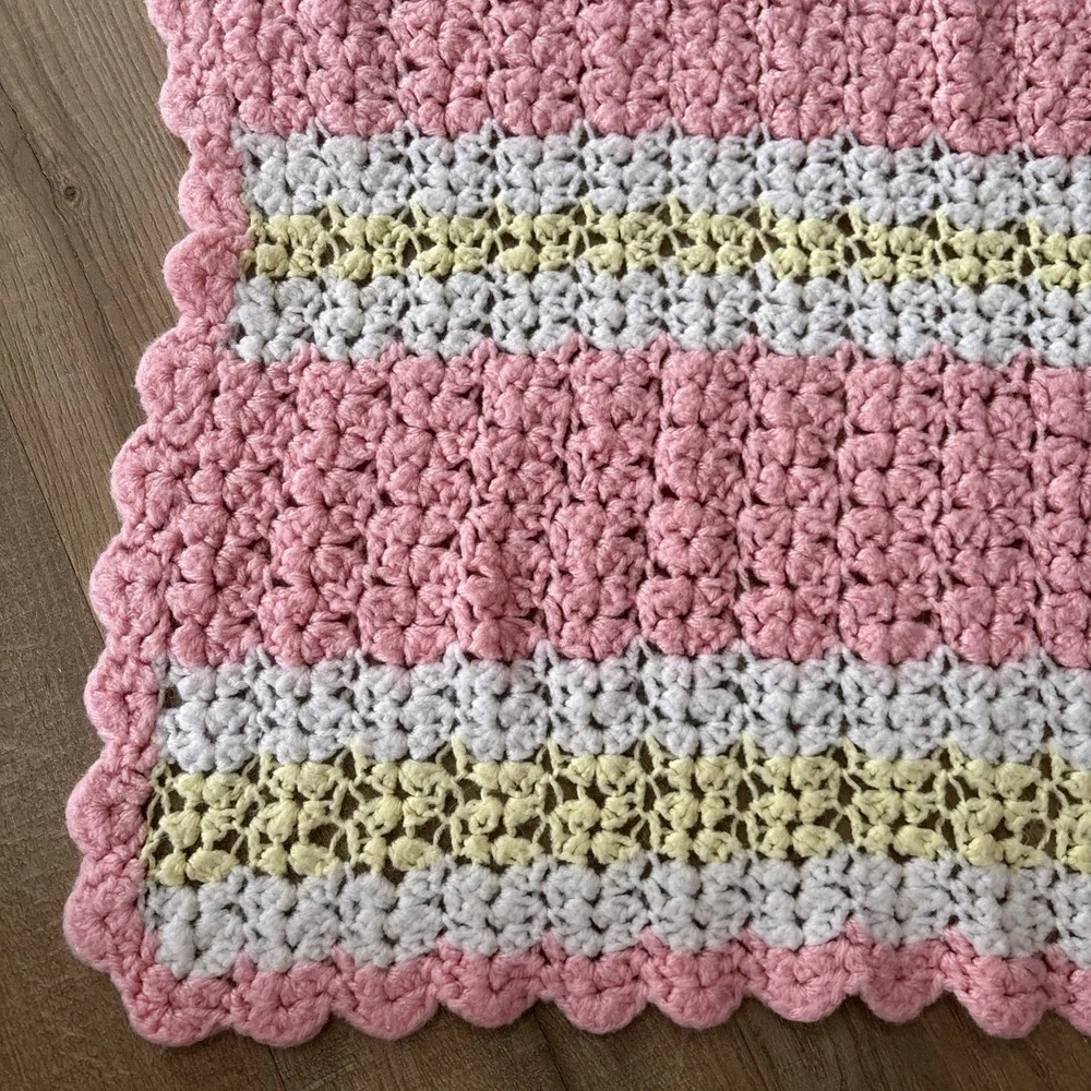 Vintage Crocheted Pink , Yellow & White Baby Blanket  Scalloped Edge